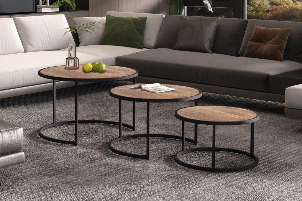 Rousseau Lennox Salontafel – 3-delig Mango Hout – Zwart – Ø65/50/40 x H45/40/35 cm